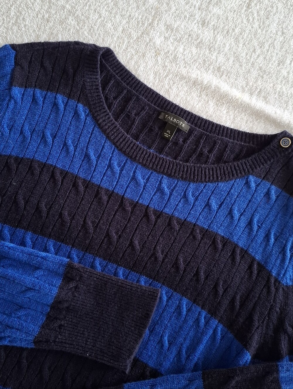 Talbots Womens Lambswool Blend Cable Knit Sweater XL Blue Striped Button Accent